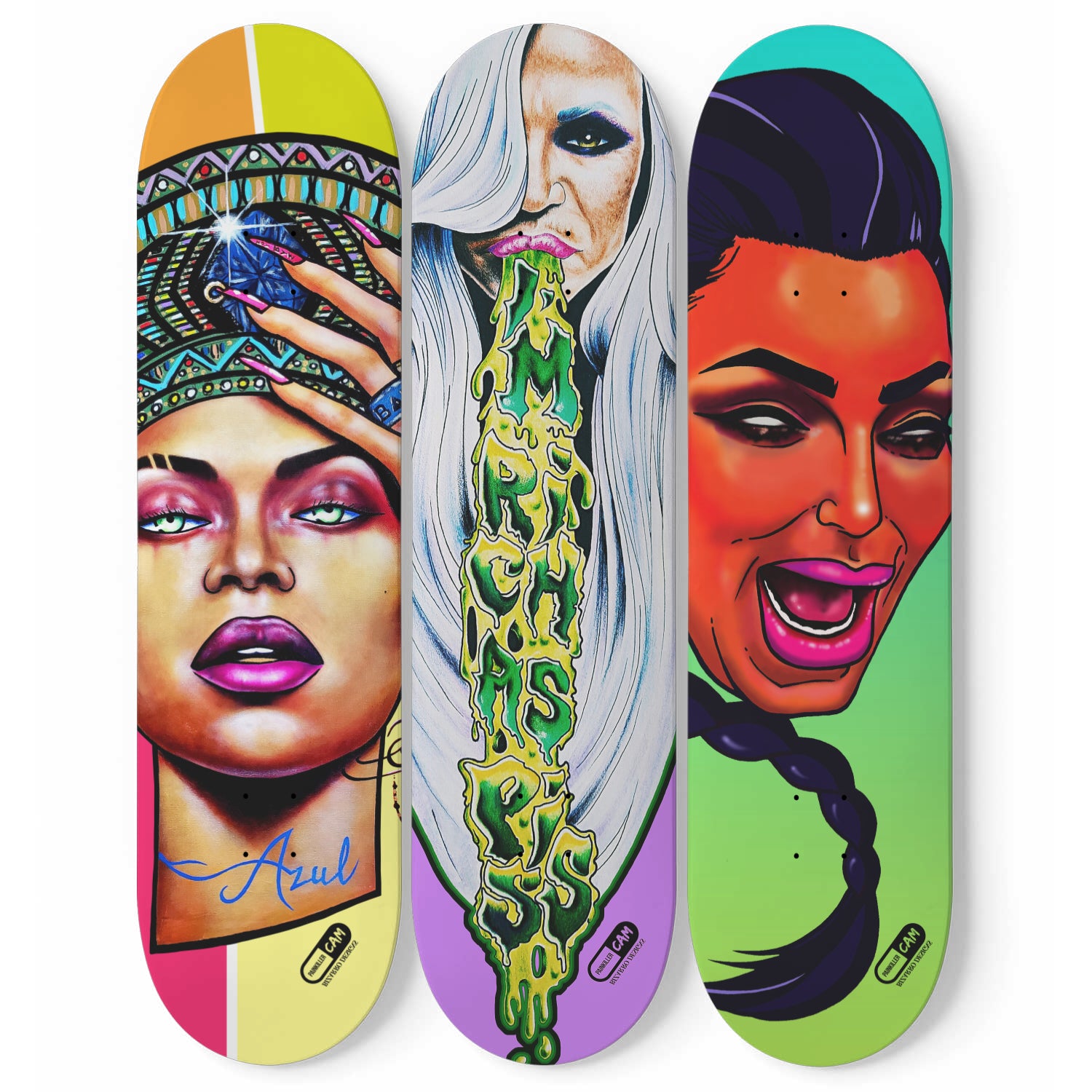 Kim Bey and Donna Skate Deck Triptych | Painkiller Cam Art