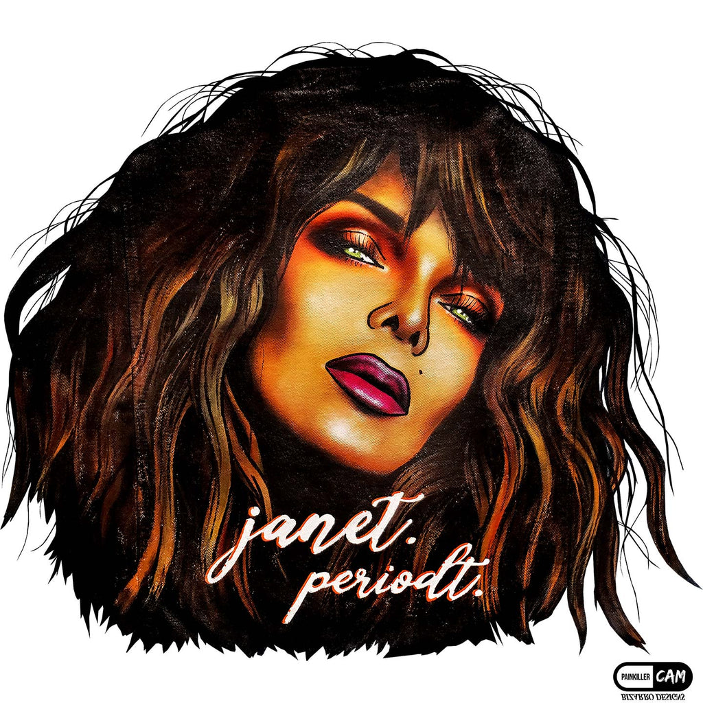 "Janet. Periodt." Women's Racerback Tank | Painkiller Cam Wearable Art