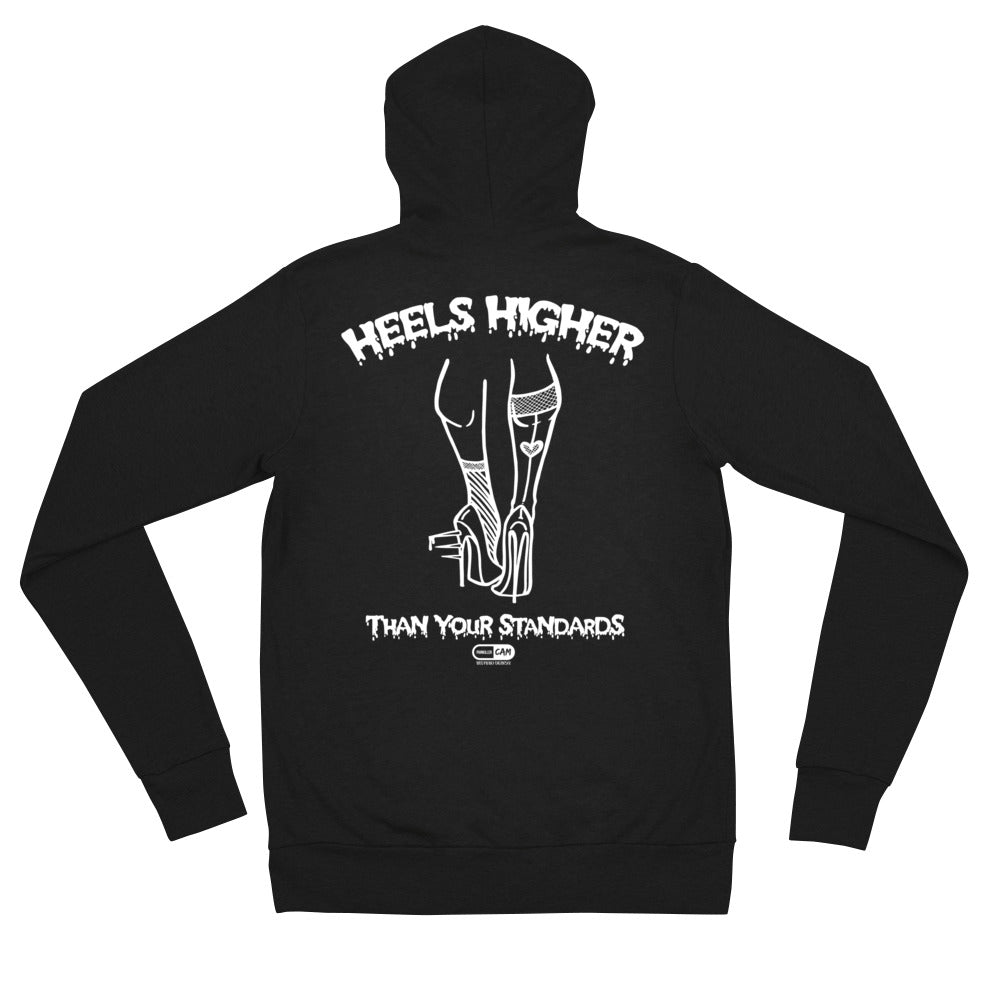 "Heels Higher Than Your Standards" Unisex Zip-Up Hoodie | Cam Creep Kid